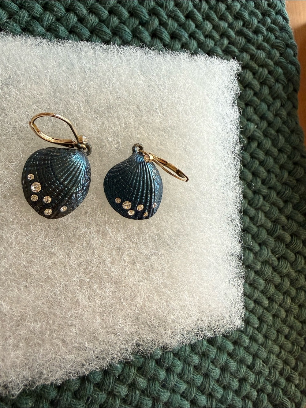 Dark Teal Shell Drop Earrings with Gold Accents - Picture 3 of 8